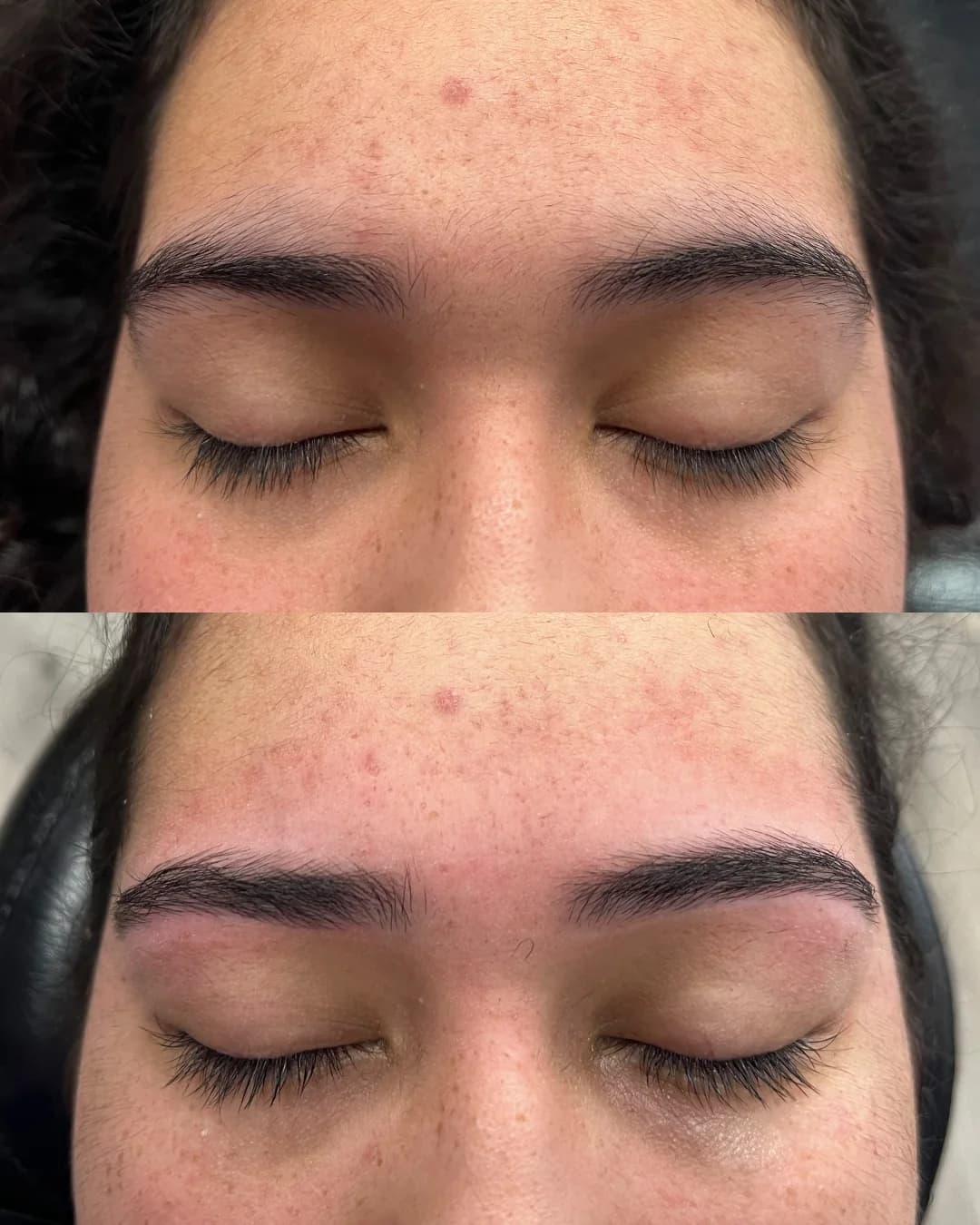 Another client's eyebrows before (top) and after (bottom) threading at Shubh Beauty