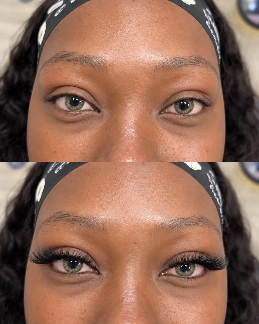 A client's eyes before (top) and after (bottom) lashes at Shubh Beauty